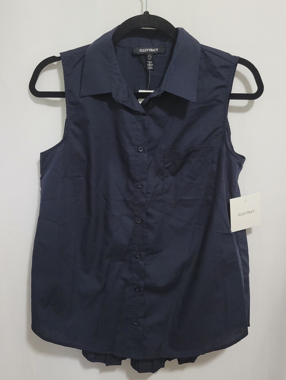 Ellen Tracy Navy Sleeveless Button-Down Shirt, Size Small. NEW